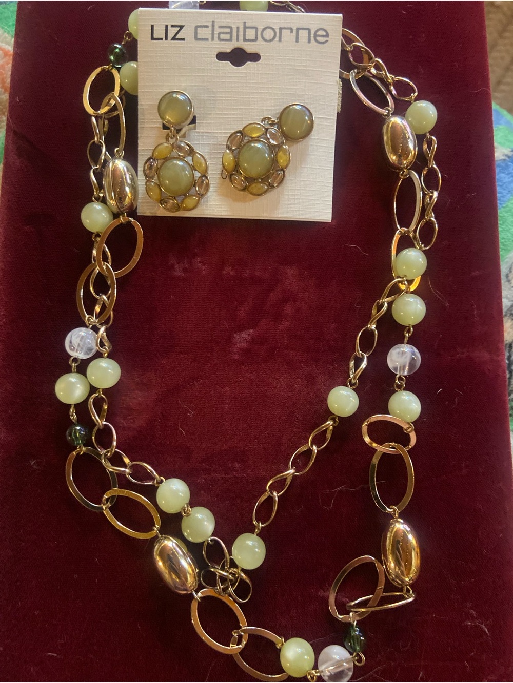 Liz Claiborne Gold-Tone Necklace and Earrings with Pale Green Beads